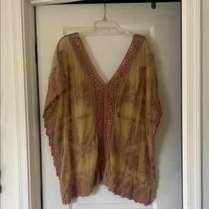 Bohemian Sheer Lace Poncho kaftan  with Pink Details ONE SIZE